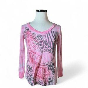Y2K Womens Pink Tie Dye Long Sleeve V Neck Cutout Back Top Grunge